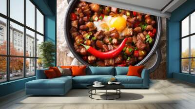 Sisig is a Filipino dish made from parts of pig head and chicken liver, usually seasoned with onions and chili peppers close-up in a pan vertical top view Wall mural